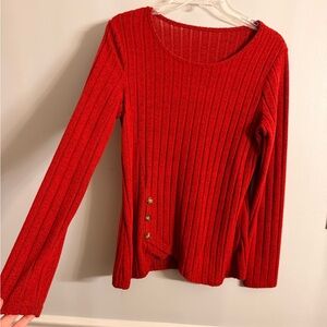 Red Ribbed Long Sleeve Top with Button Detail